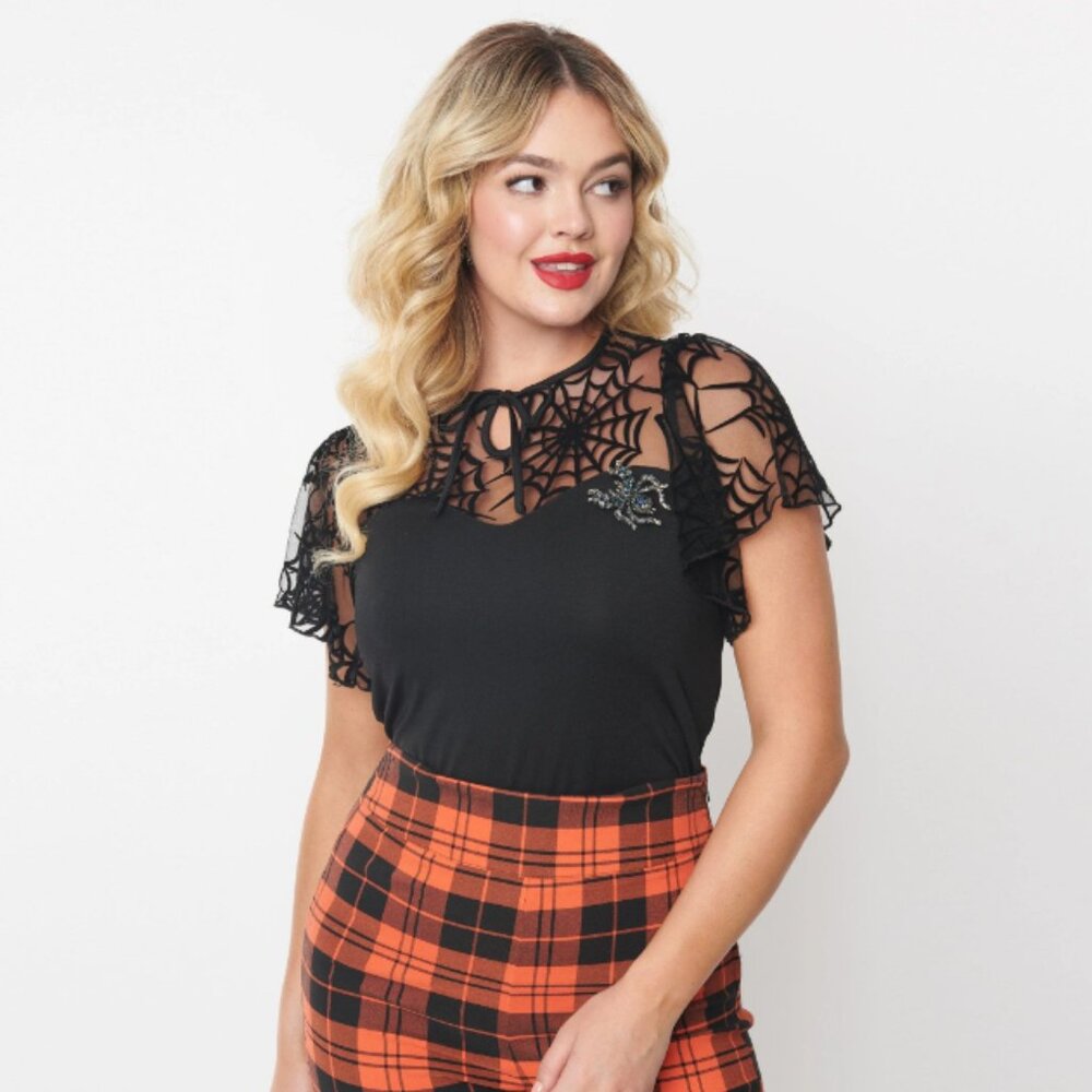 Unique Vintage Black Flocked Spiderweb & Brooch Flutter Sleeve Top